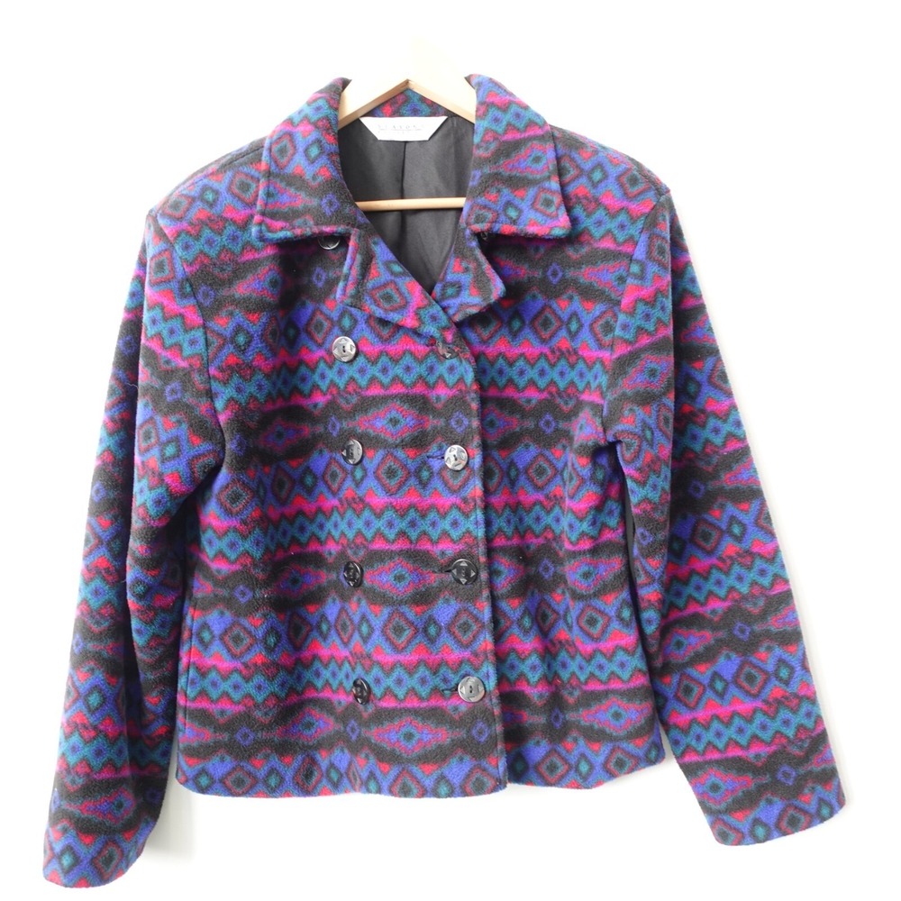 Aztec Fleece Jacket Womens M Purple Southwest Double Breasted SEASONS Collection